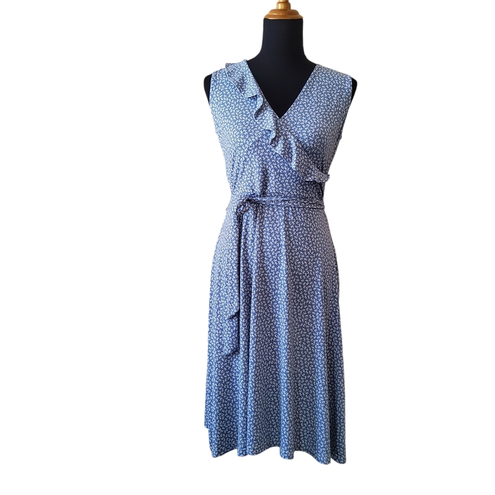Leota Knit Faux Wrap Ruffle Midi Print Dress Size XS Blue New